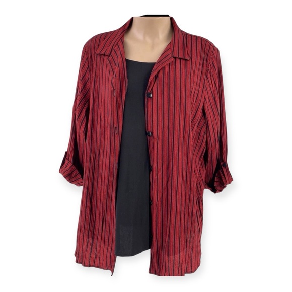 Dina & Ariel Tops - Burgundy Striped Collared Blouse Built-in Tank Business Casual Layered Look Top